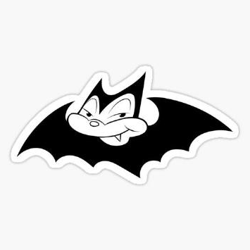 A black and white cartoon bat, winking. Stands in for a photograph.