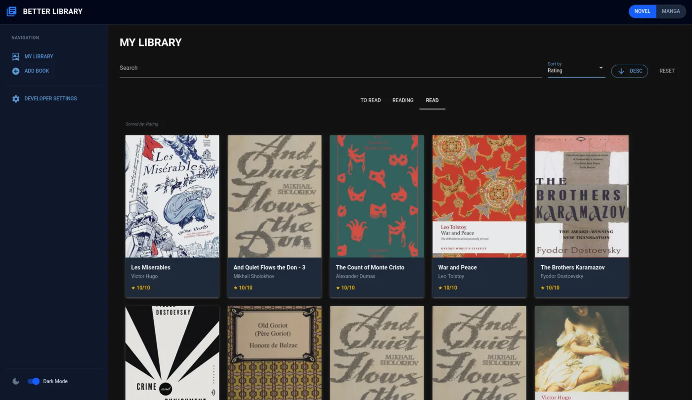 The better-library dashboard, listing books with their covers, reading progress and metadata.
