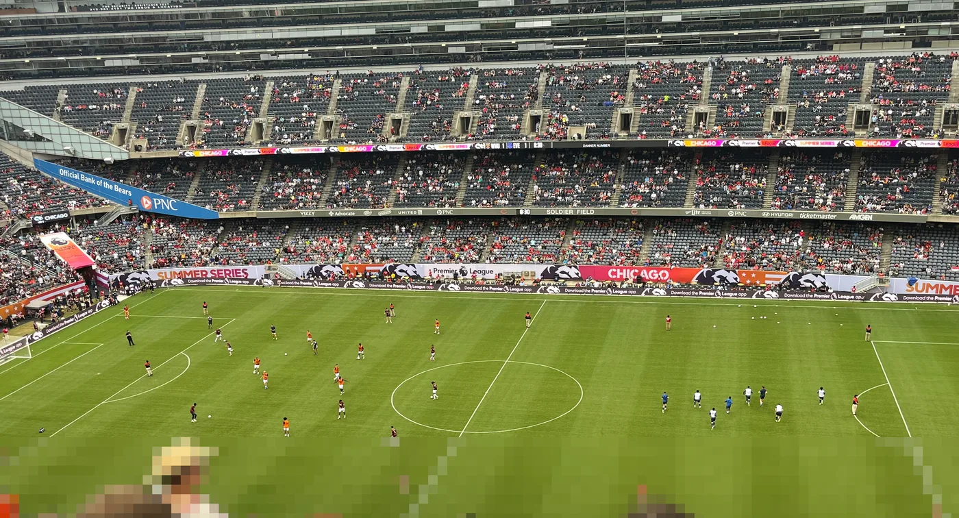Manchester United warming up at Soldier Field, seen from the upper tier.
